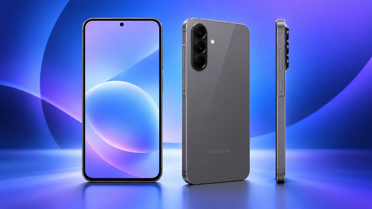 Galaxy A57 5G cinza visto de frente, de costas e de lado, em cenário azul e roxo